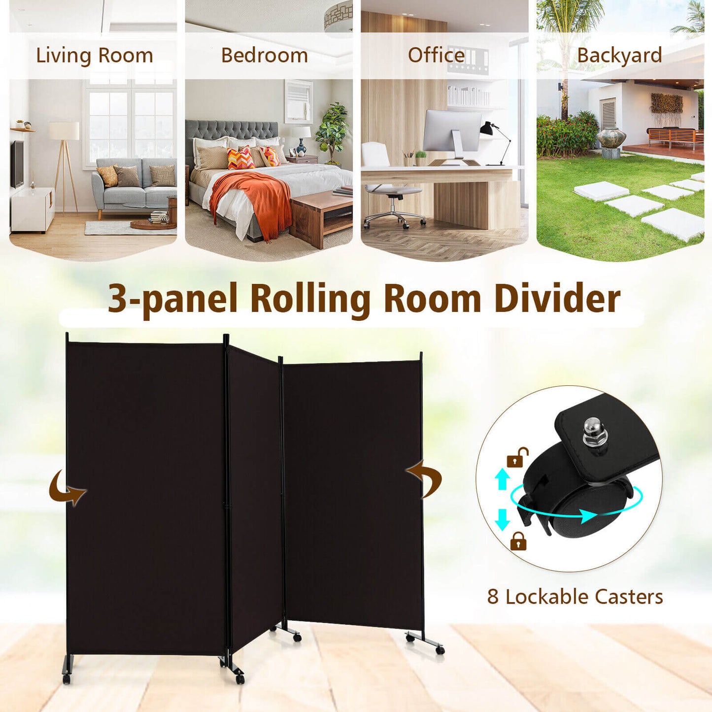 3-Panel Folding Privacy Divider with Lockable Wheels for Easy Mobility - Brown