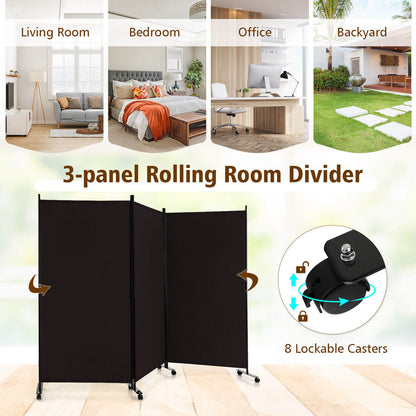 3-Panel Folding Privacy Divider with Lockable Wheels for Easy Mobility - Brown