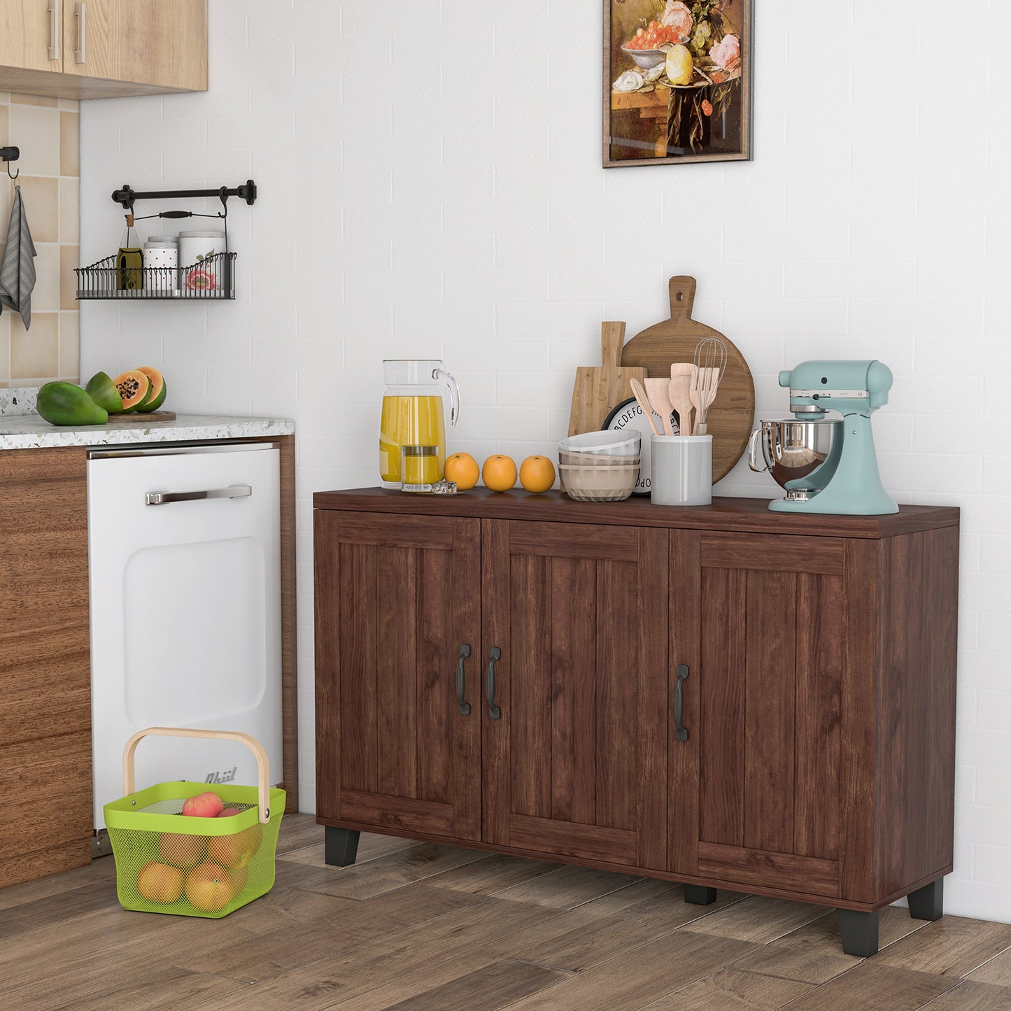 Modern Buffet Cabinet with 3 Doors Adjustable Shelves and Anti Tipping Safety Design - Brown