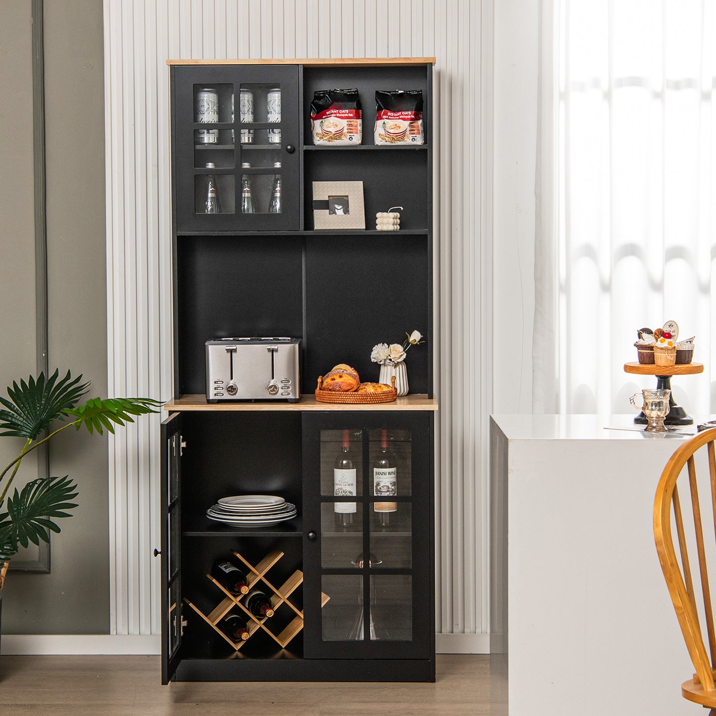 Tall Freestanding Kitchen Pantry Cabinet with Hutch and Adjustable Shelves in Black Finish