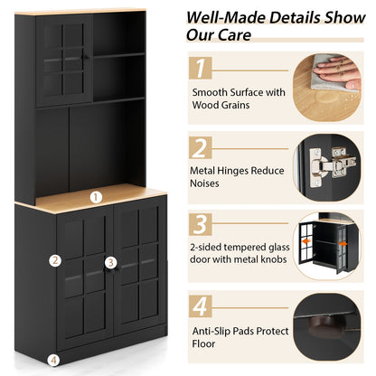 Tall Freestanding Kitchen Pantry Cabinet with Hutch and Adjustable Shelves in Black Finish