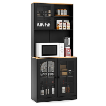 Tall Freestanding Kitchen Pantry Cabinet with Hutch and Adjustable Shelves in Black Finish