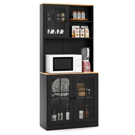 Tall Freestanding Kitchen Pantry Cabinet with Hutch and Adjustable Shelves in Black Finish