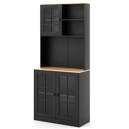 Tall Freestanding Kitchen Pantry Cabinet with Hutch and Adjustable Shelves in Black Finish