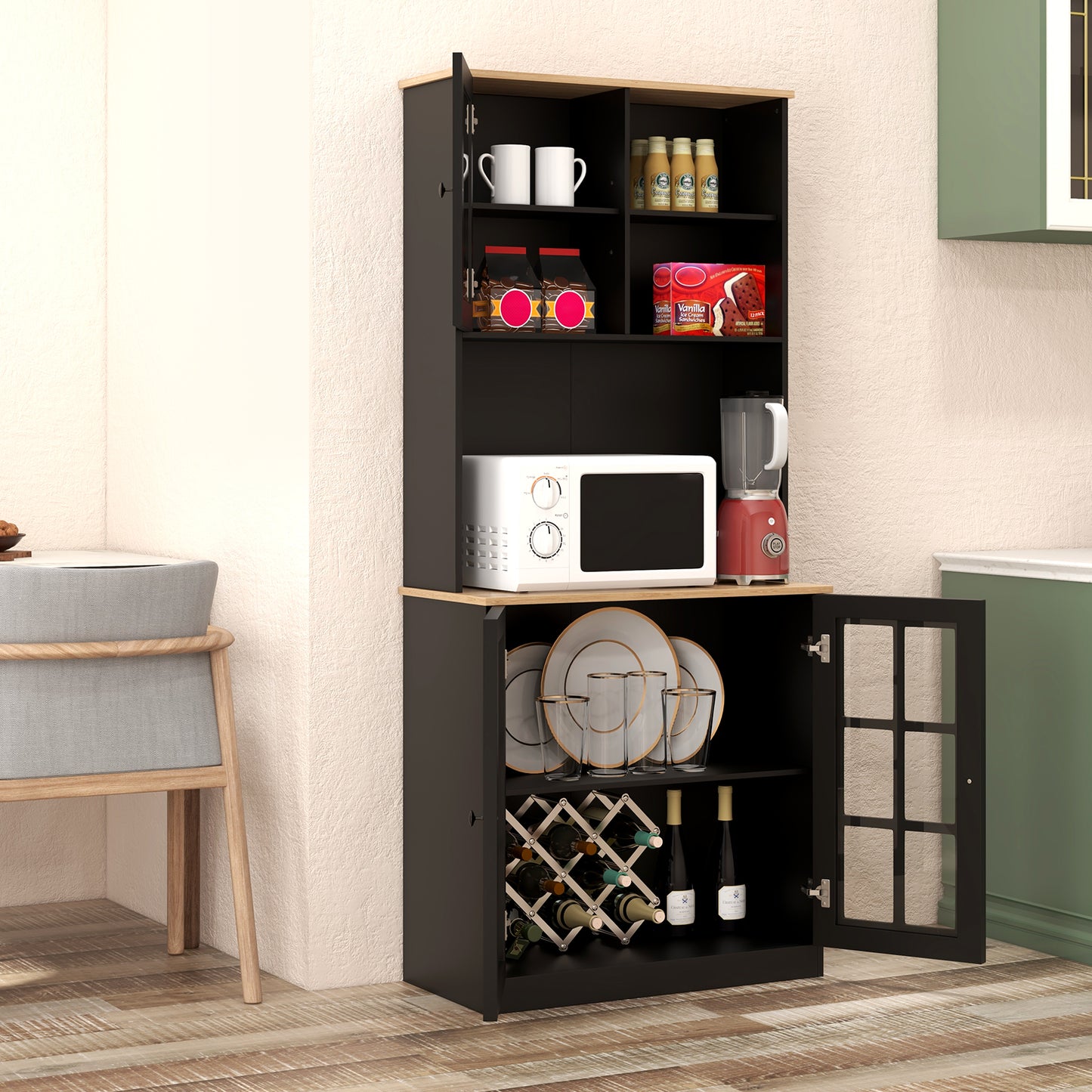 Tall Freestanding Kitchen Pantry Cabinet with Hutch and Adjustable Shelves in Black Finish