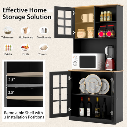Tall Freestanding Kitchen Pantry Cabinet with Hutch and Adjustable Shelves in Black Finish