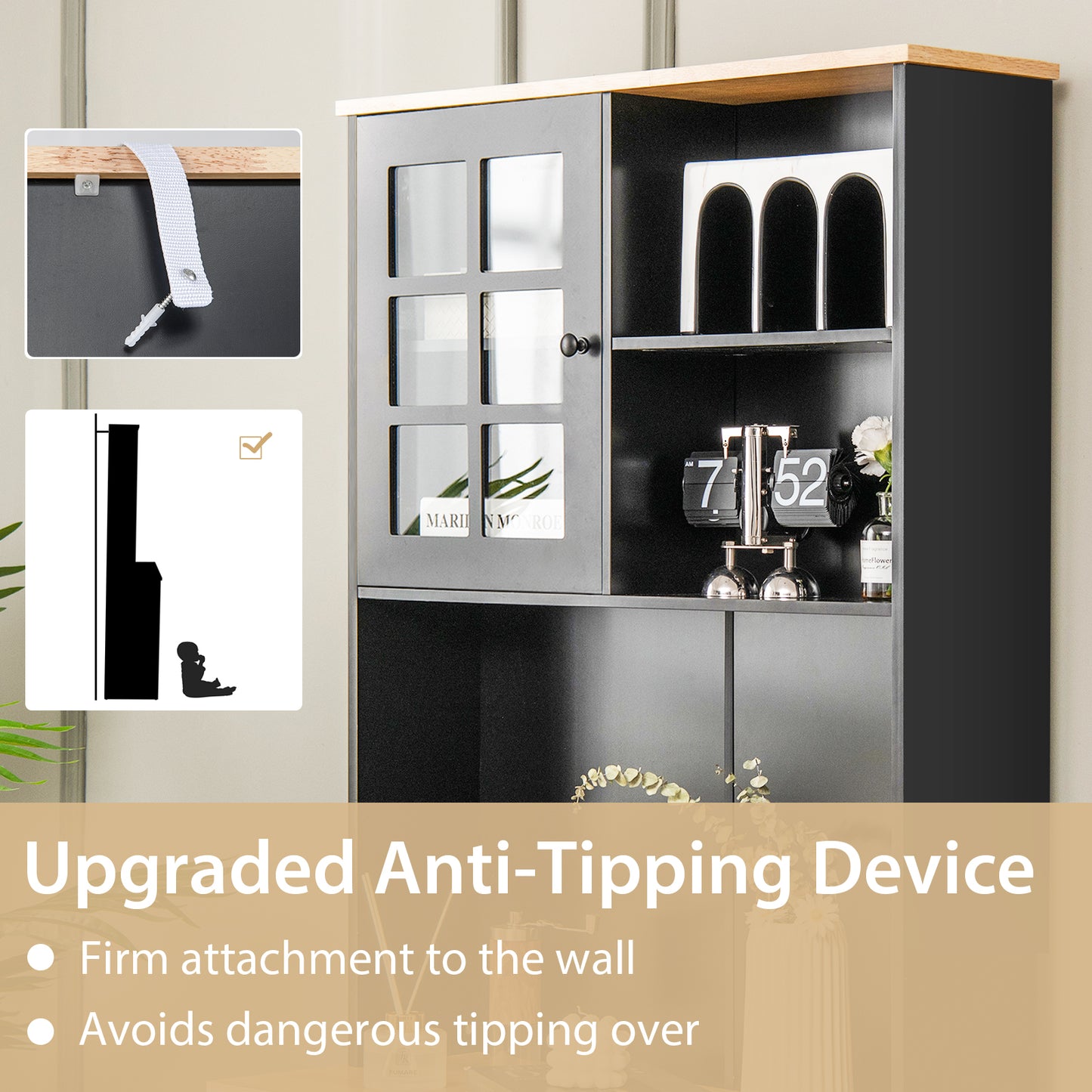 Tall Freestanding Kitchen Pantry Cabinet with Hutch and Adjustable Shelves in Black Finish