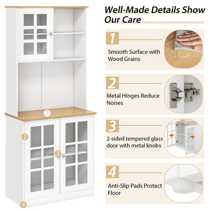 Tall Freestanding Kitchen Pantry Cabinet with Hutch and Adjustable Shelves in White Finish
