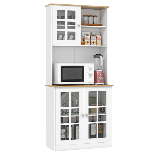 Tall Freestanding Kitchen Pantry Cabinet with Hutch and Adjustable Shelves in White Finish