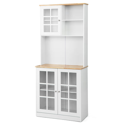 Tall Freestanding Kitchen Pantry Cabinet with Hutch and Adjustable Shelves in White Finish