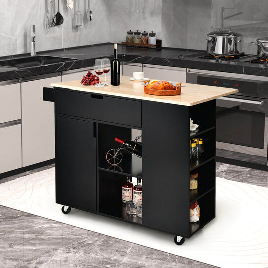 Expandable Kitchen Island Cart with Drop Leaf and Solid Rubber Wood Top - Black