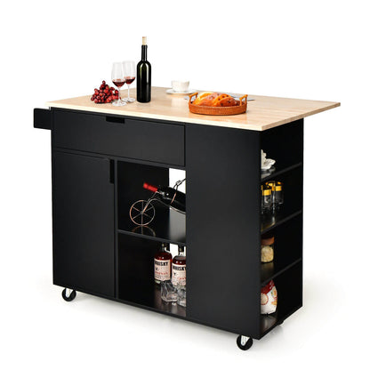 Expandable Kitchen Island Cart with Drop Leaf and Solid Rubber Wood Top - Black