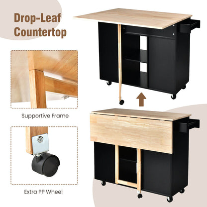 Expandable Kitchen Island Cart with Drop Leaf and Solid Rubber Wood Top - Black