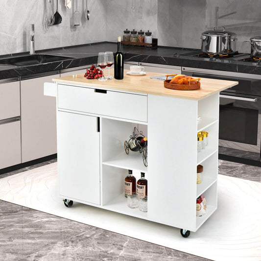 Expandable Kitchen Island Cart with Drop Leaf and Solid Rubber Wood Top - White
