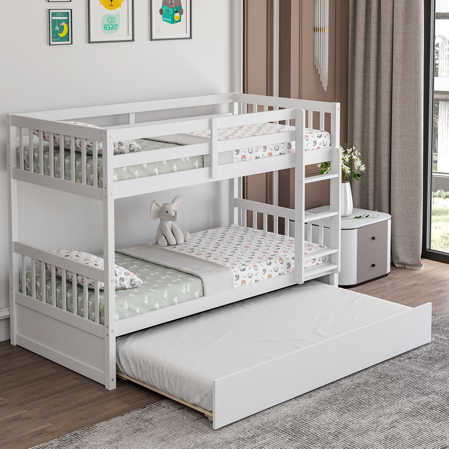 Convertible Twin Bunk Bed with Trundle, Ladder, and Full-Length Guardrails - White