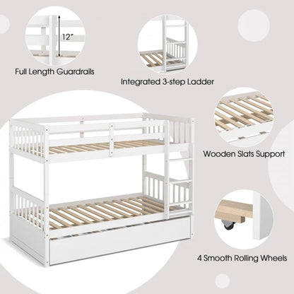 Convertible Twin Bunk Bed with Trundle, Ladder, and Full-Length Guardrails - White