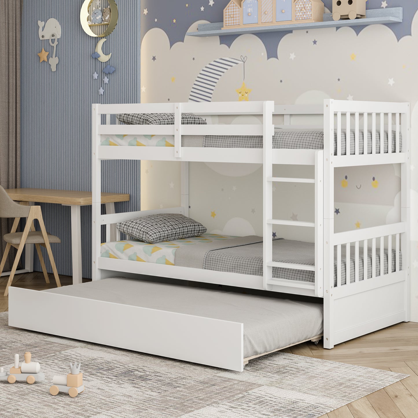 Convertible Twin Bunk Bed with Trundle, Ladder, and Full-Length Guardrails - White