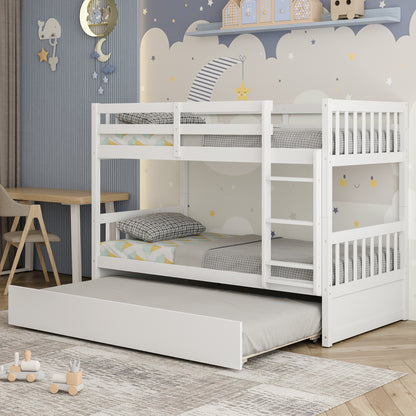 Convertible Twin Bunk Bed with Trundle, Ladder, and Full-Length Guardrails - White
