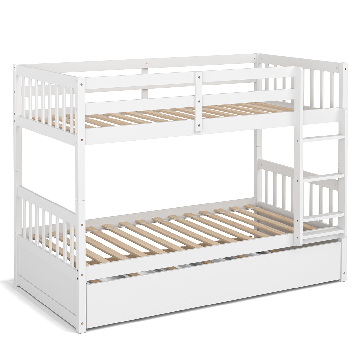 Convertible Twin Bunk Bed with Trundle, Ladder, and Full-Length Guardrails - White