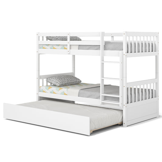 Convertible Twin Bunk Bed with Trundle, Ladder, and Full-Length Guardrails - White