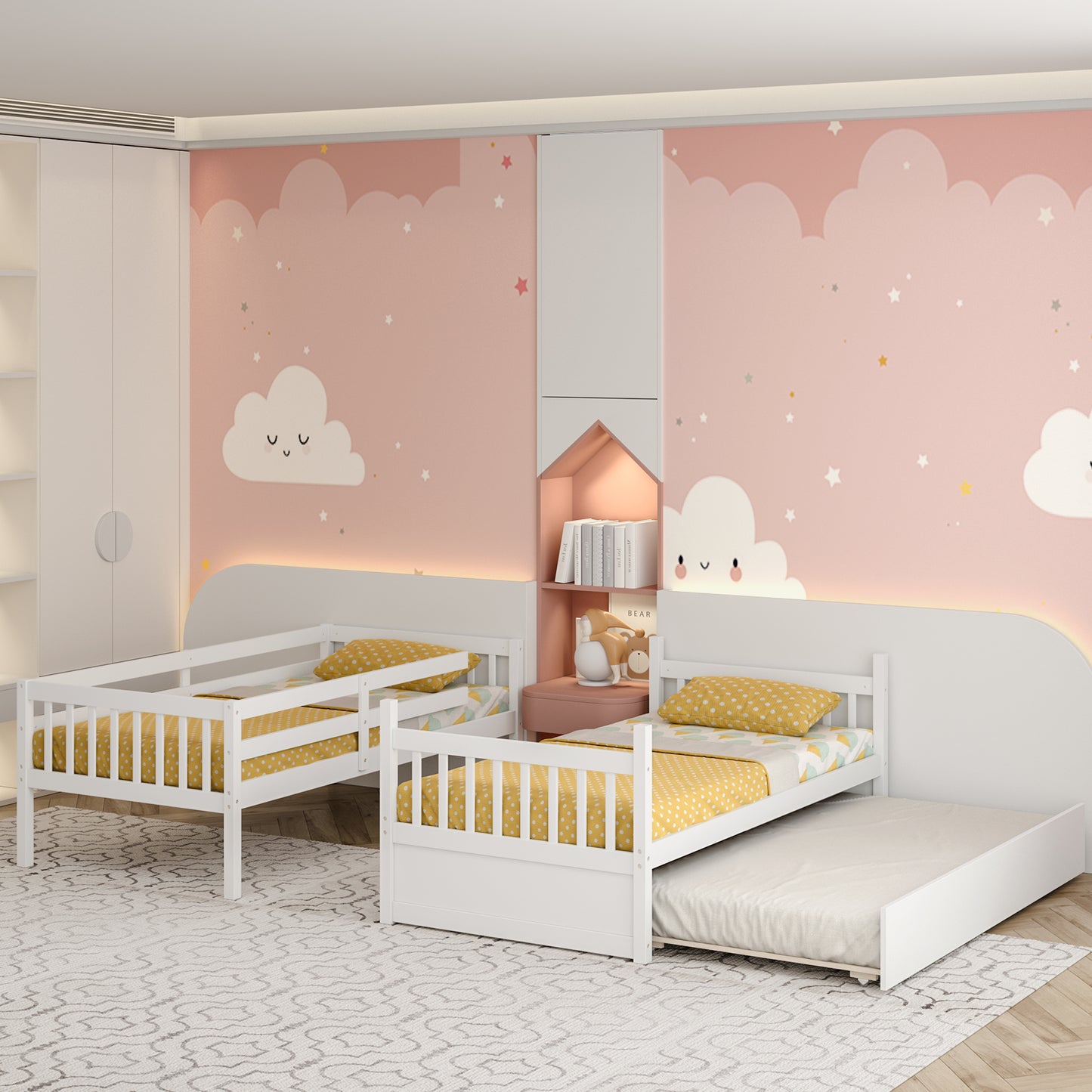 Convertible Twin Bunk Bed with Trundle, Ladder, and Full-Length Guardrails - White