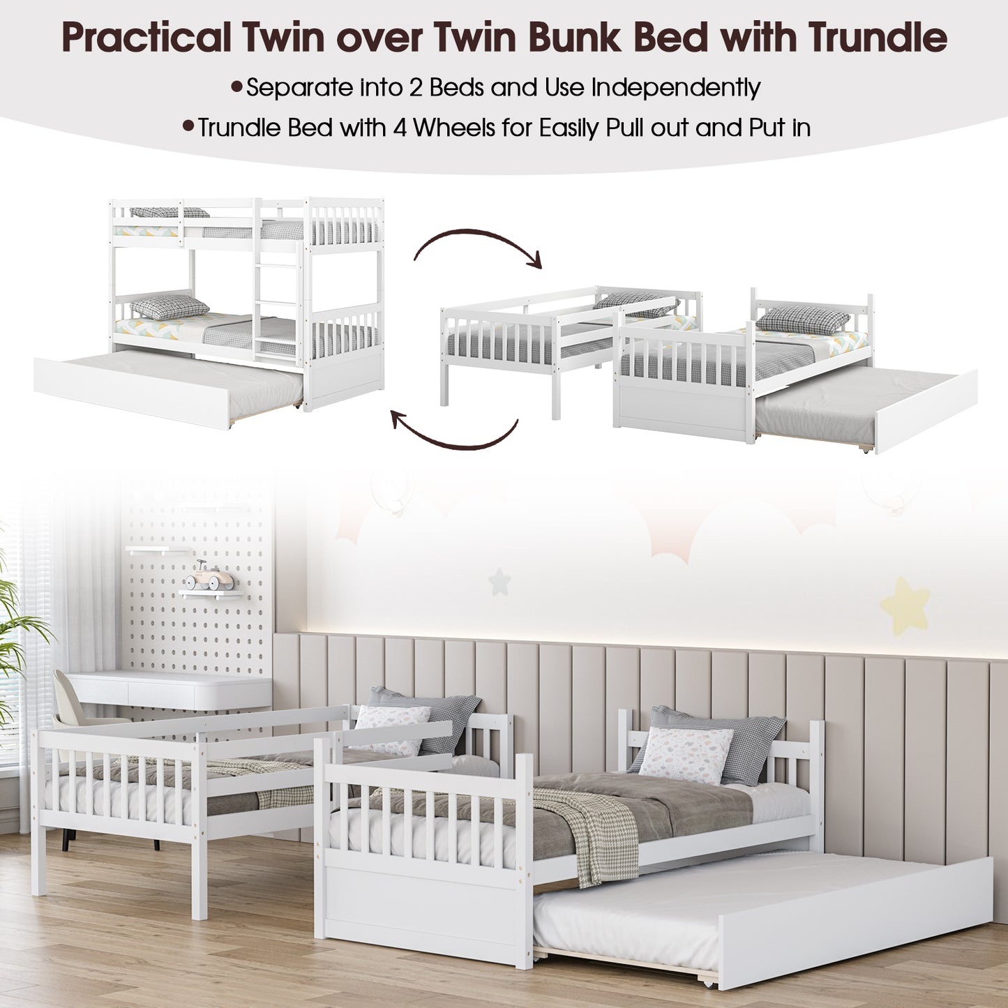 Convertible Twin Bunk Bed with Trundle, Ladder, and Full-Length Guardrails - White