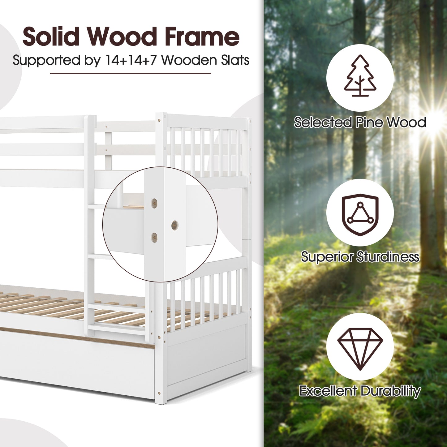 Convertible Twin Bunk Bed with Trundle, Ladder, and Full-Length Guardrails - White