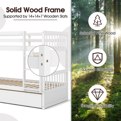 Convertible Twin Bunk Bed with Trundle, Ladder, and Full-Length Guardrails - White