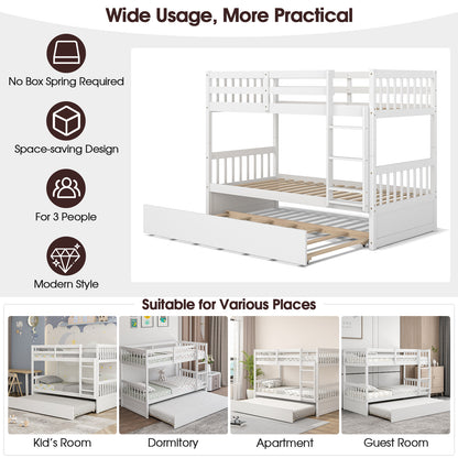 Convertible Twin Bunk Bed with Trundle, Ladder, and Full-Length Guardrails - White