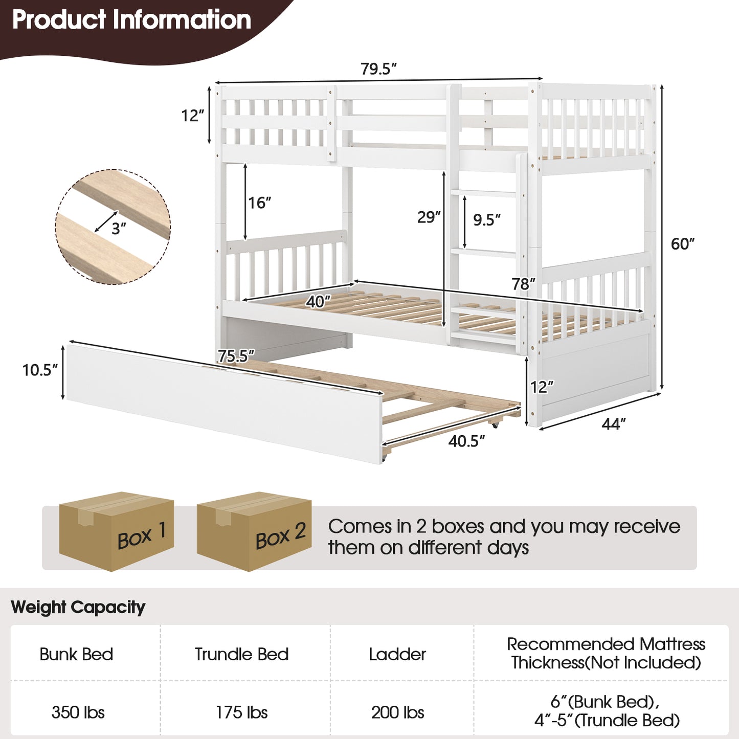 Convertible Twin Bunk Bed with Trundle, Ladder, and Full-Length Guardrails - White
