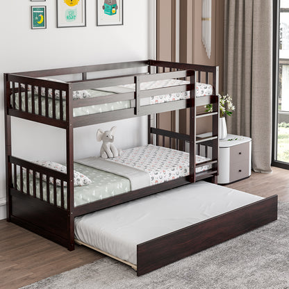 Convertible Twin Bunk Bed with Trundle, Ladder, and Full-Length Guardrails - Brown