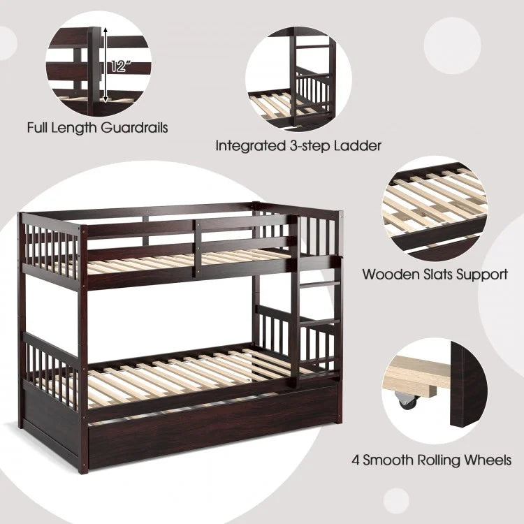 Convertible Twin Bunk Bed with Trundle, Ladder, and Full-Length Guardrails - Brown