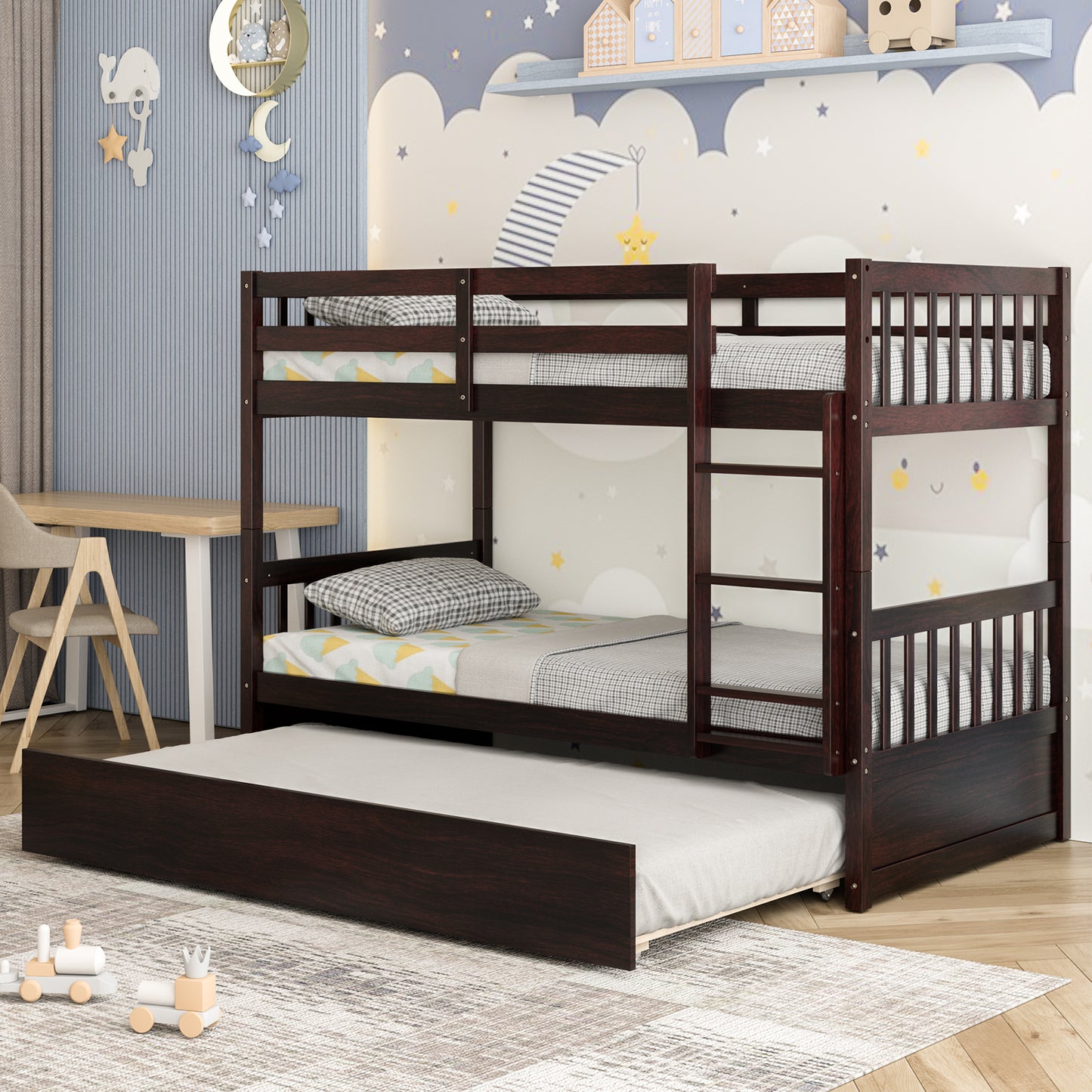 Convertible Twin Bunk Bed with Trundle, Ladder, and Full-Length Guardrails - Brown