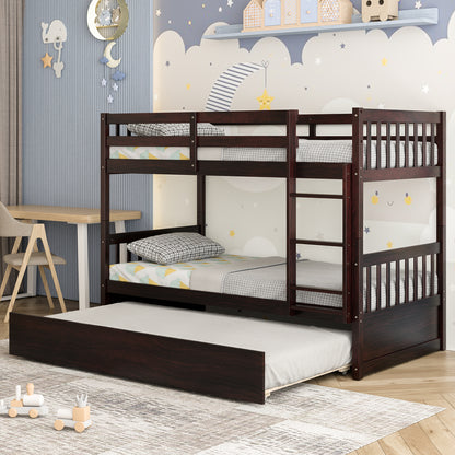 Convertible Twin Bunk Bed with Trundle, Ladder, and Full-Length Guardrails - Brown