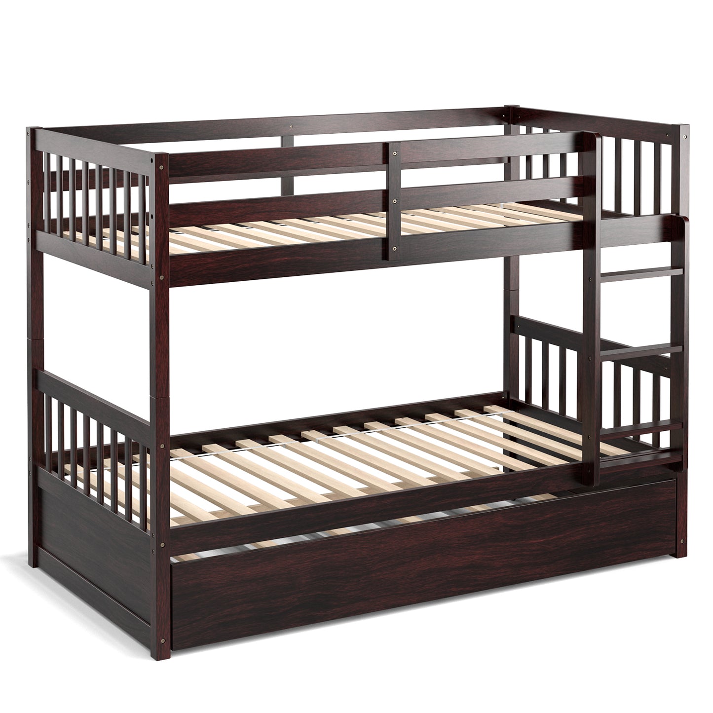 Convertible Twin Bunk Bed with Trundle, Ladder, and Full-Length Guardrails - Brown