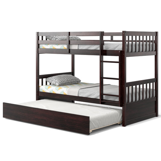Convertible Twin Bunk Bed with Trundle, Ladder, and Full-Length Guardrails - Brown