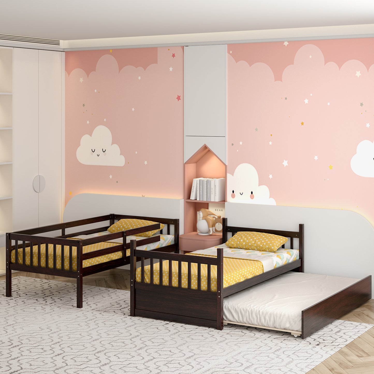 Convertible Twin Bunk Bed with Trundle, Ladder, and Full-Length Guardrails - Brown