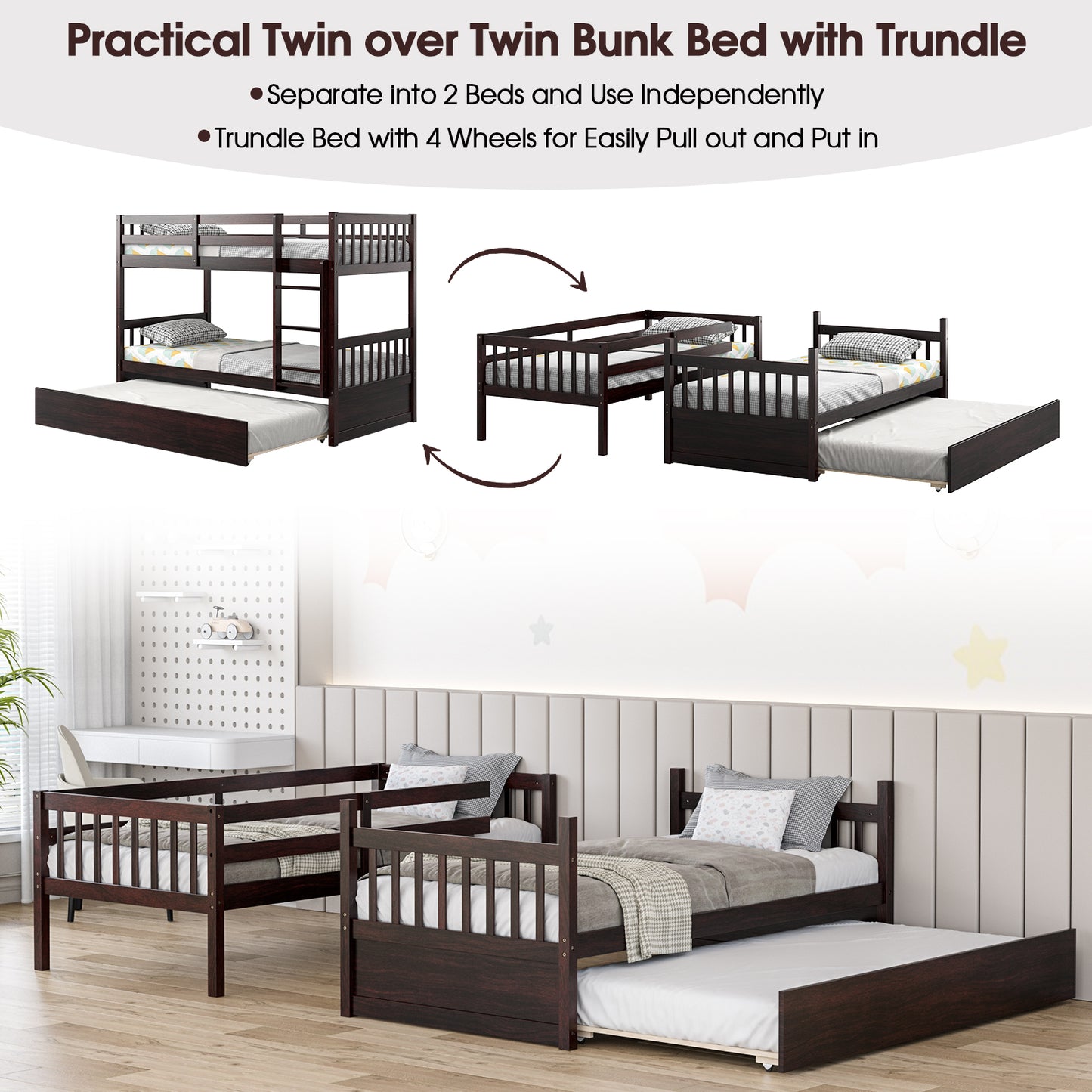 Convertible Twin Bunk Bed with Trundle, Ladder, and Full-Length Guardrails - Brown
