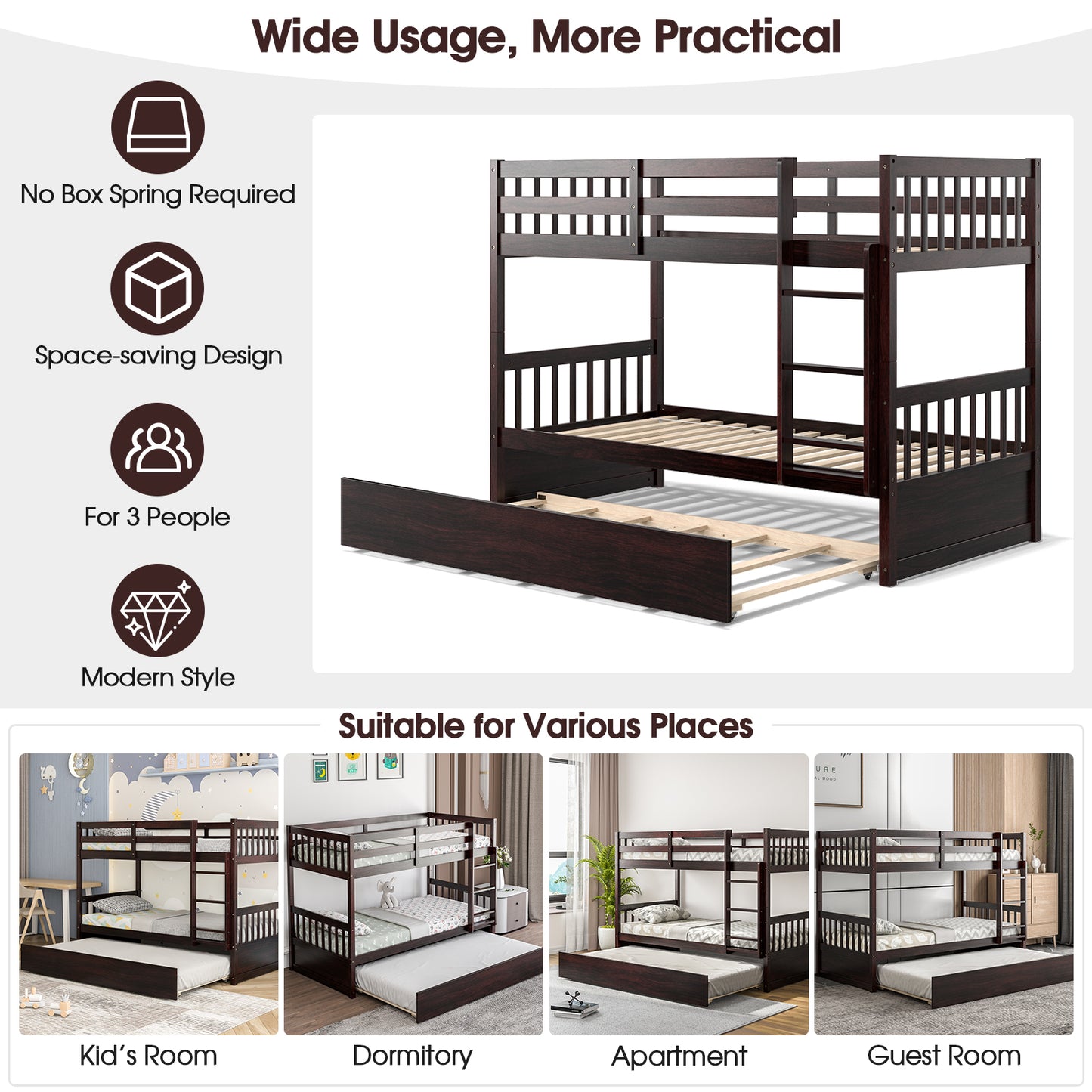 Convertible Twin Bunk Bed with Trundle, Ladder, and Full-Length Guardrails - Brown