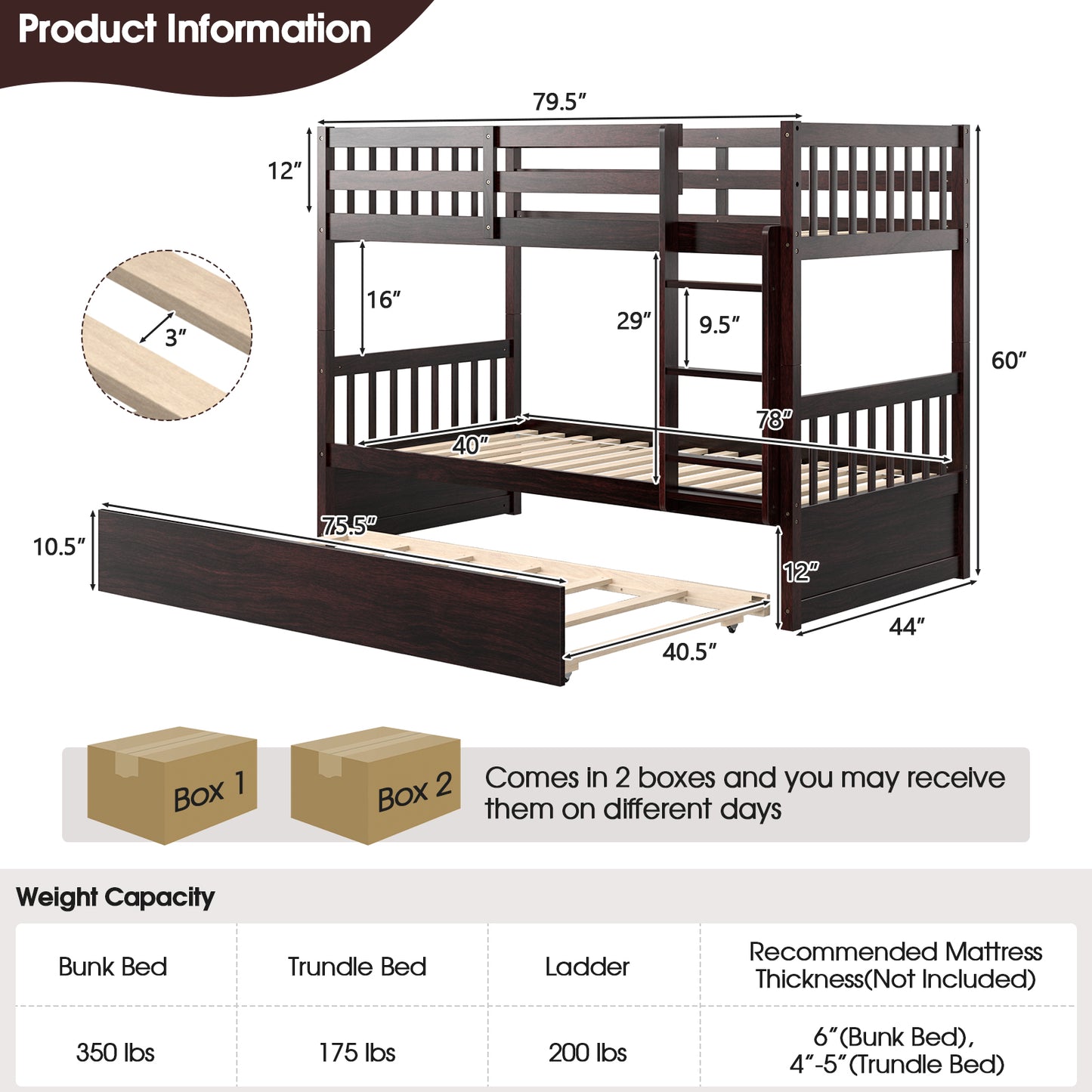 Convertible Twin Bunk Bed with Trundle, Ladder, and Full-Length Guardrails - Brown