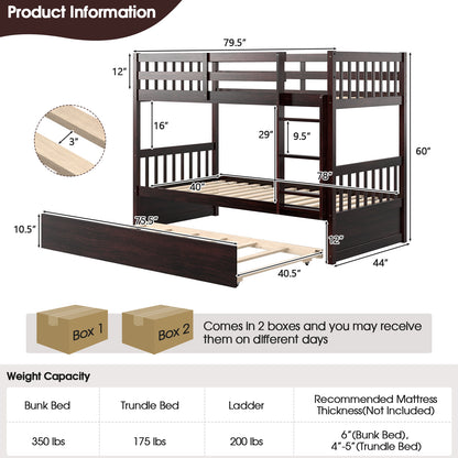 Convertible Twin Bunk Bed with Trundle, Ladder, and Full-Length Guardrails - Brown