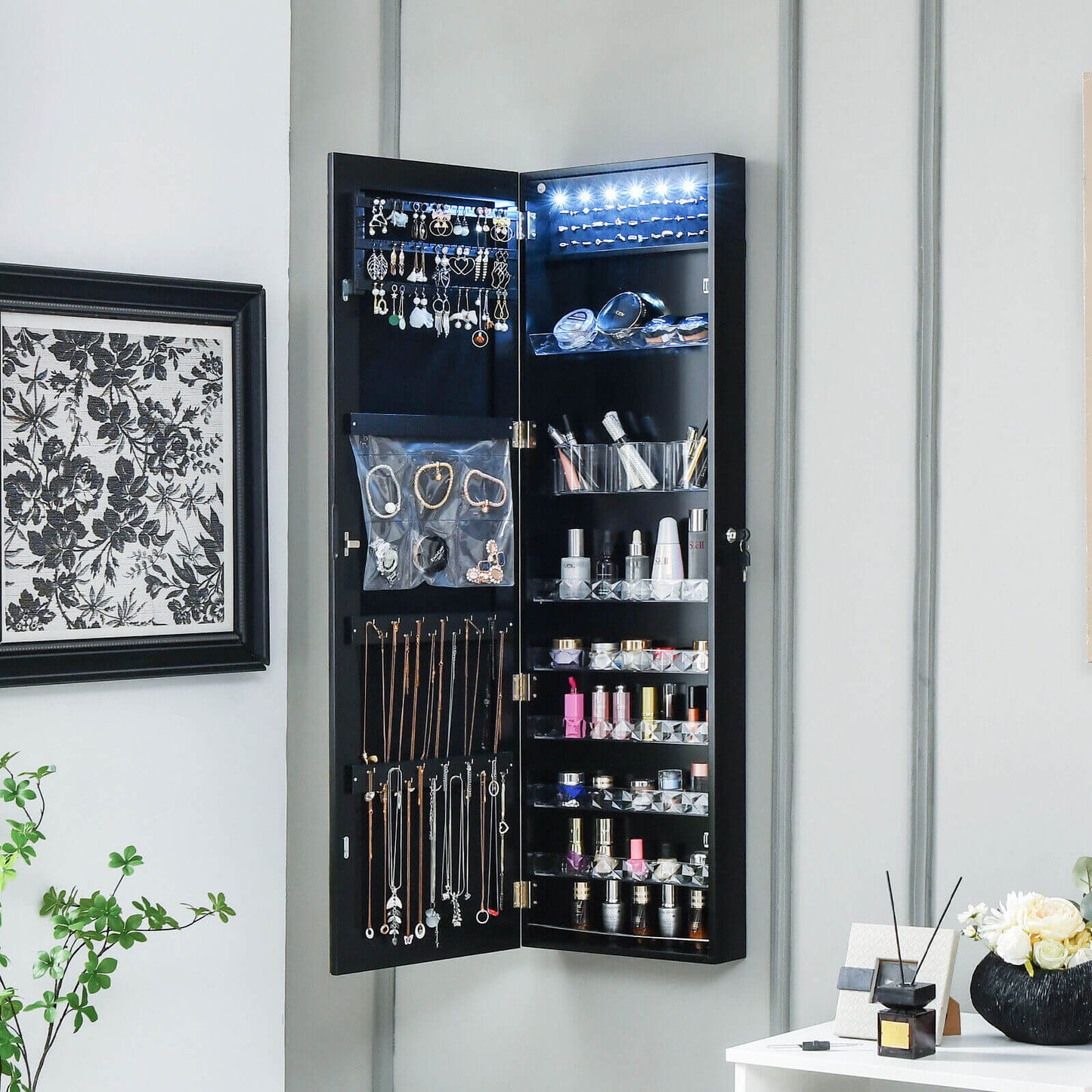 Frameless LED Mirror Jewelry Armoire with Lock, Wall or Door Mounted – Black