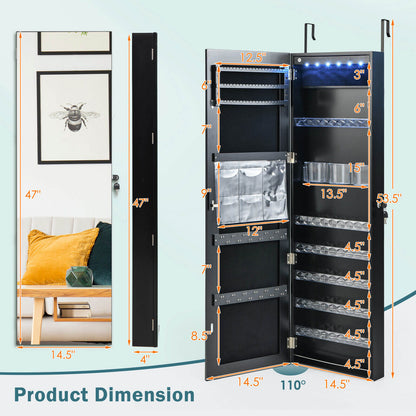 Frameless LED Mirror Jewelry Armoire with Lock, Wall or Door Mounted – Black
