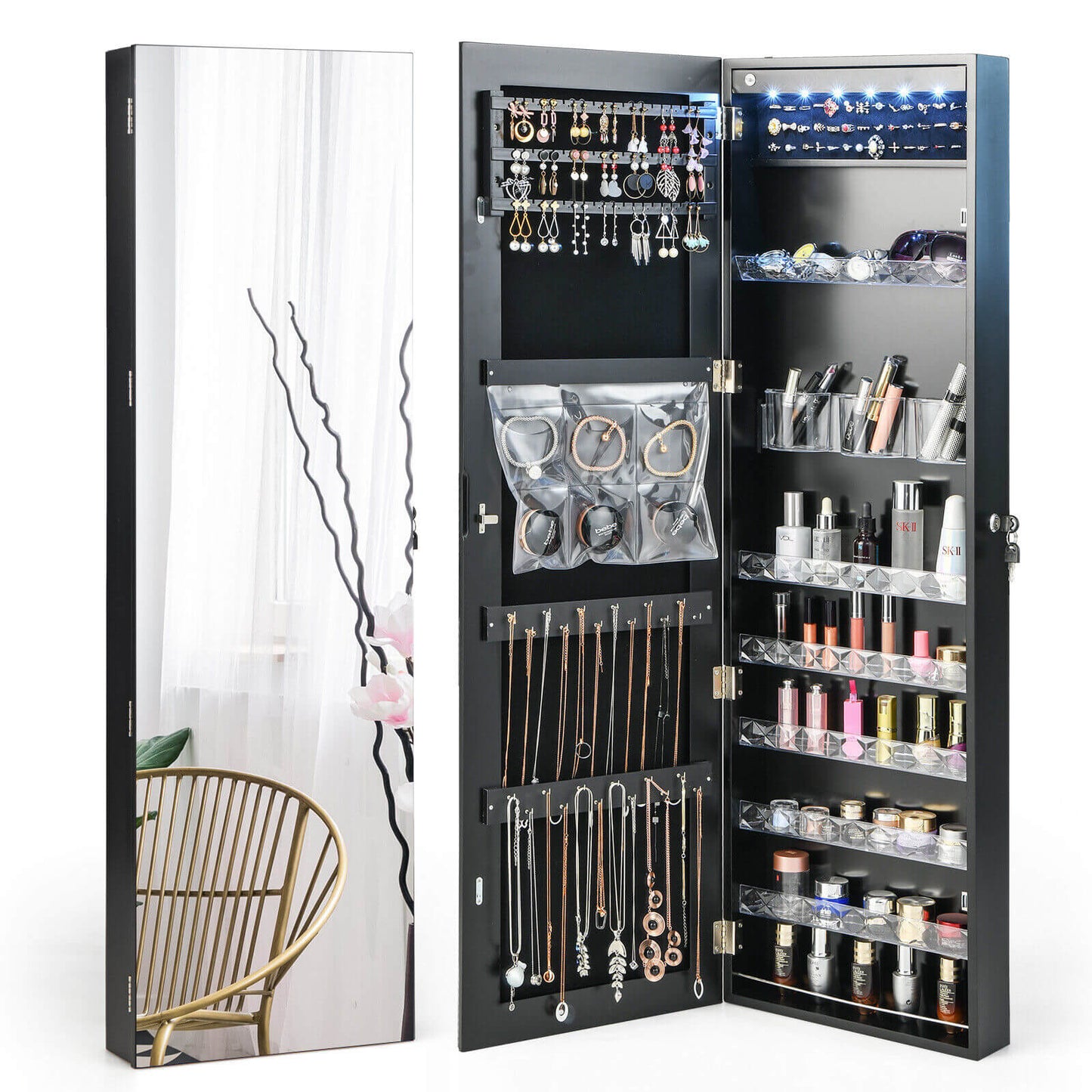 Frameless LED Mirror Jewelry Armoire with Lock, Wall or Door Mounted – Black