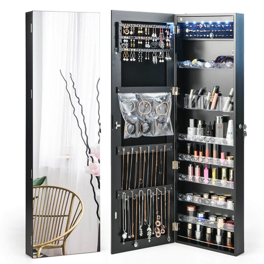 Frameless LED Mirror Jewelry Armoire with Lock, Wall or Door Mounted – Black
