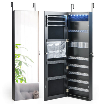 Frameless LED Mirror Jewelry Armoire with Lock, Wall or Door Mounted – Black