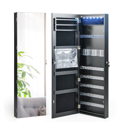 Frameless LED Mirror Jewelry Armoire with Lock, Wall or Door Mounted – Black