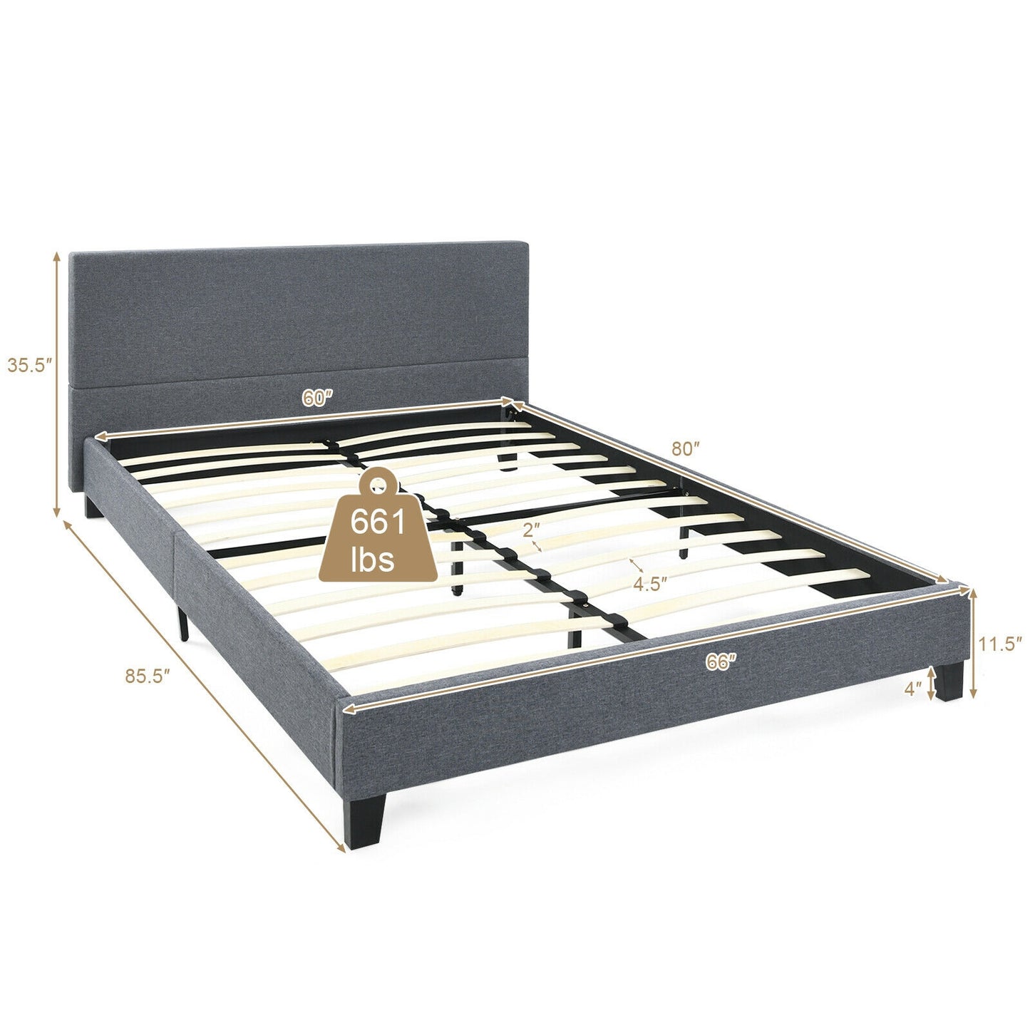 Modern Upholstered Platform Bed Frame with Linen Headboard – Queen Size