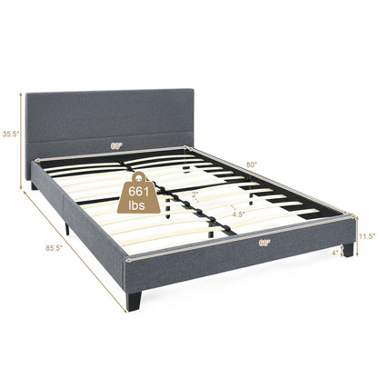 Modern Upholstered Platform Bed Frame with Linen Headboard – Queen Size