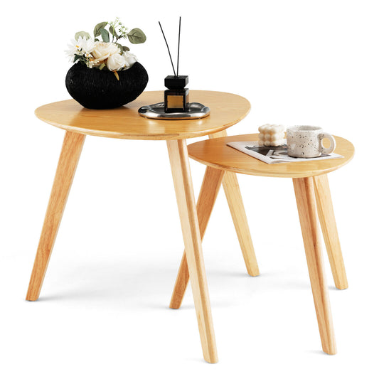 Set of 2 Modern Nesting Coffee Tables, Triangle Design, Solid Rubber Wood, Natural Look